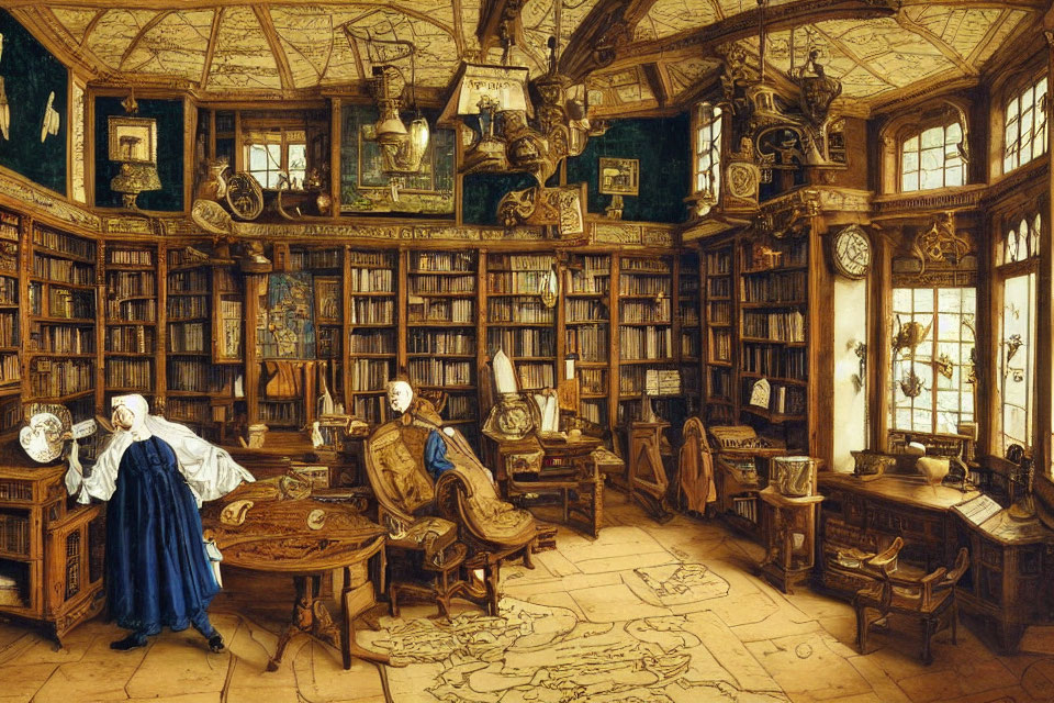 Vintage library with books, globe, maps, and artifacts in natural light