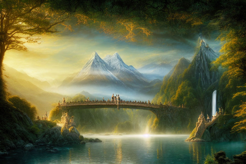 Tranquil landscape with stone bridge over lake and mountains