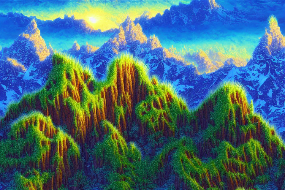 Luminous green vegetation in snowy mountain landscape at sunrise