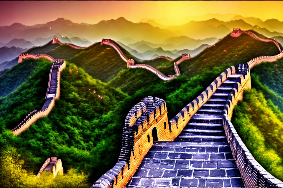 Scenic photo: Colorful Great Wall of China at sunset