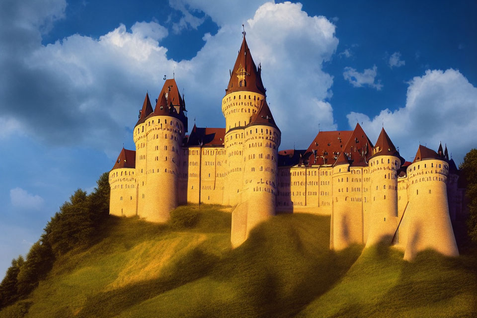 Majestic castle with multiple spires on a hill in golden sunlight