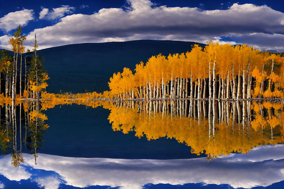 Tranquil lake with vibrant autumn trees, mountains, and blue sky