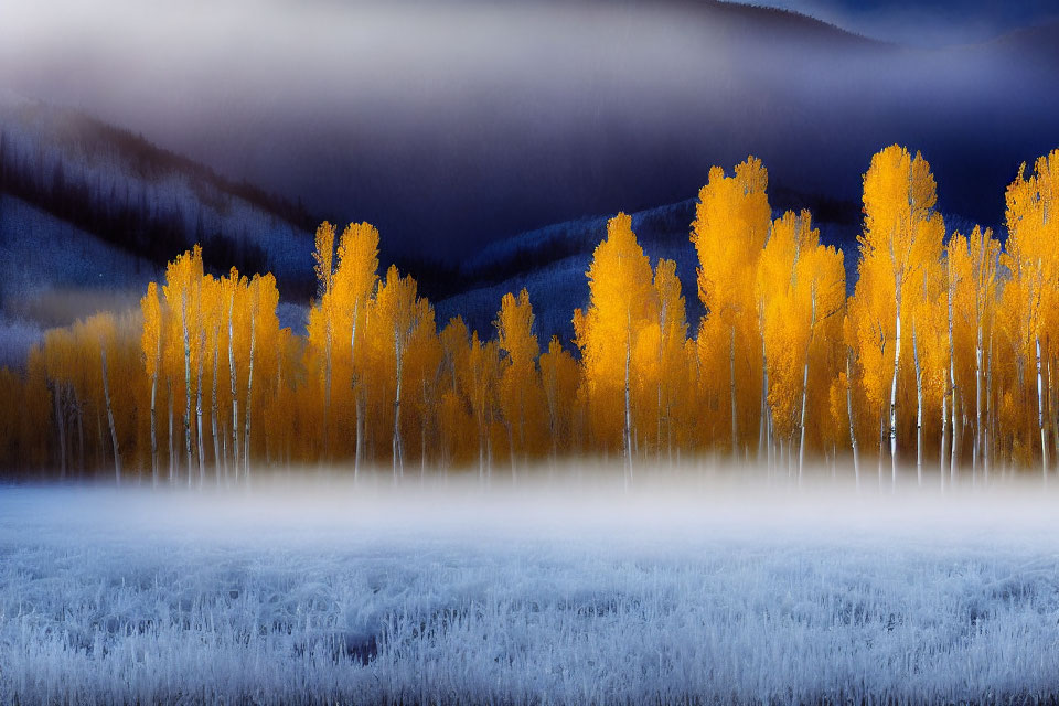 Vibrant golden aspen trees against mountain backdrop with misty white ground.