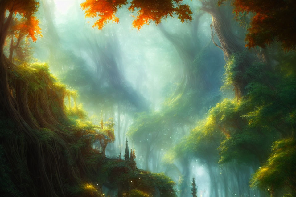 Ethereal forest scene with sunlight filtering through mist and vibrant green foliage