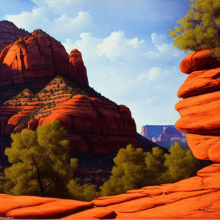 Vivid red rock formations and green shrubs under clear blue sky