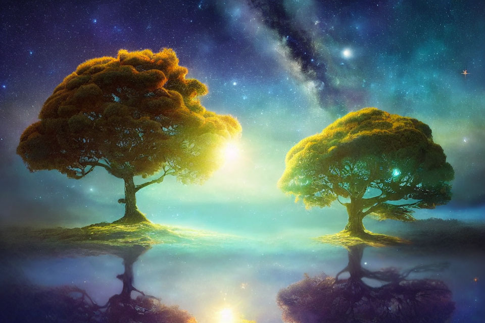 Vibrant trees on floating islands under starry sky with galaxy background