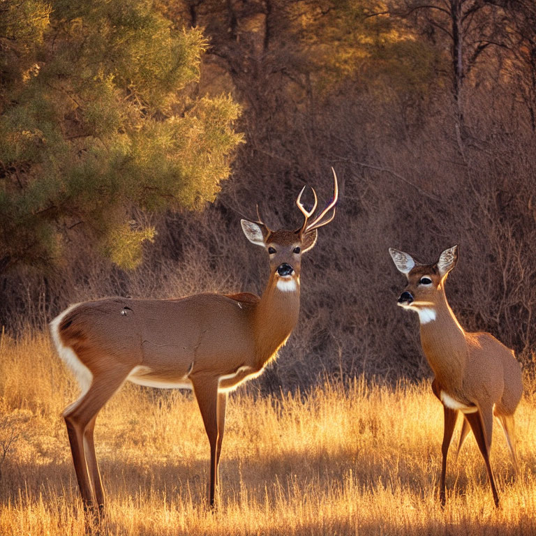 Male and female deer in golden light among dry grass at sunrise or sunset