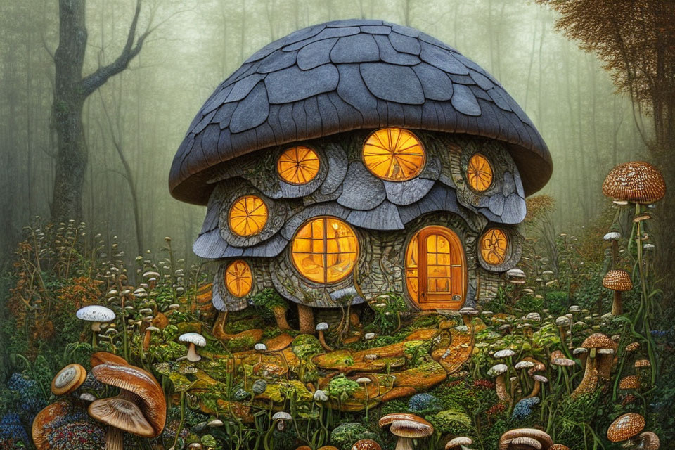 Mushroom-shaped House in Mystical Forest with Lit Windows