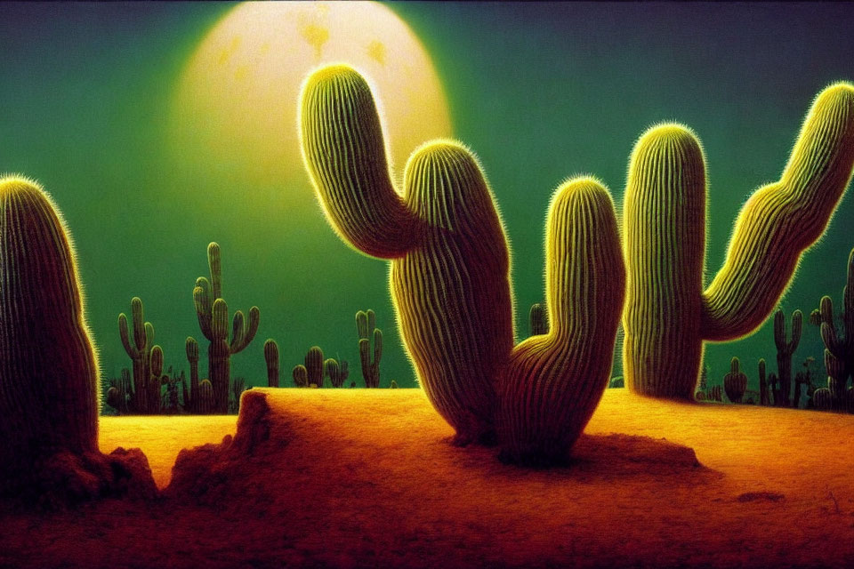 Desert Scene Illustration with Cacti and Green Moon