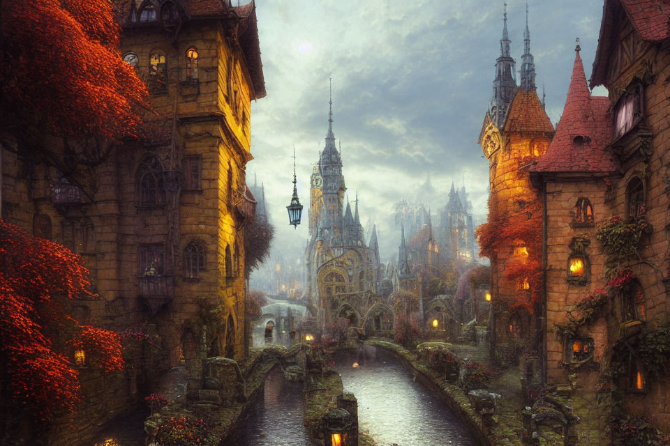 Medieval village with stone buildings, red ivy, canal, and glowing lanterns at twilight.