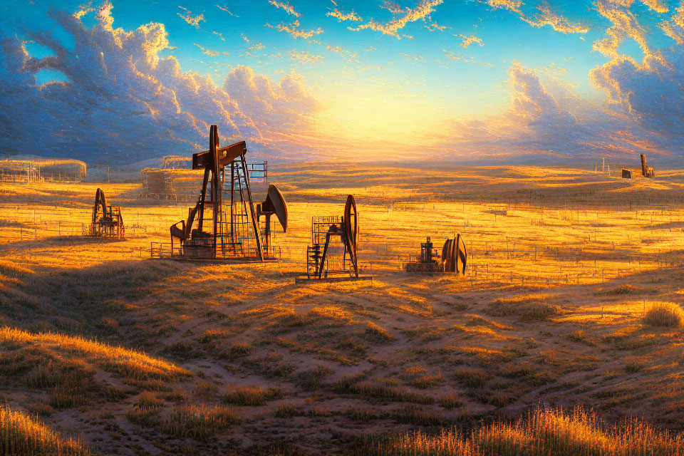 Golden field with multiple oil pumps under scenic sunset sky