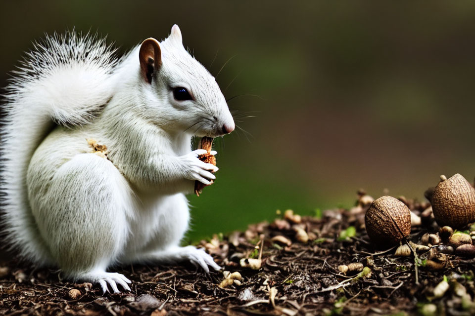 White Squirrel Eating Nut in Forest Setting