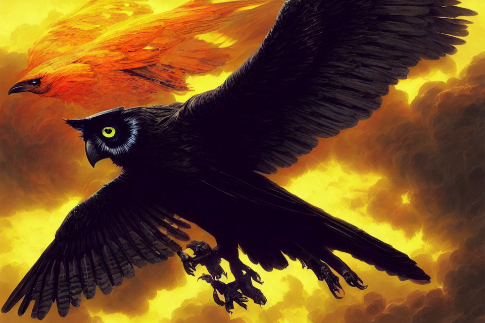 Majestic black bird with yellow eyes in flight beside fiery orange bird