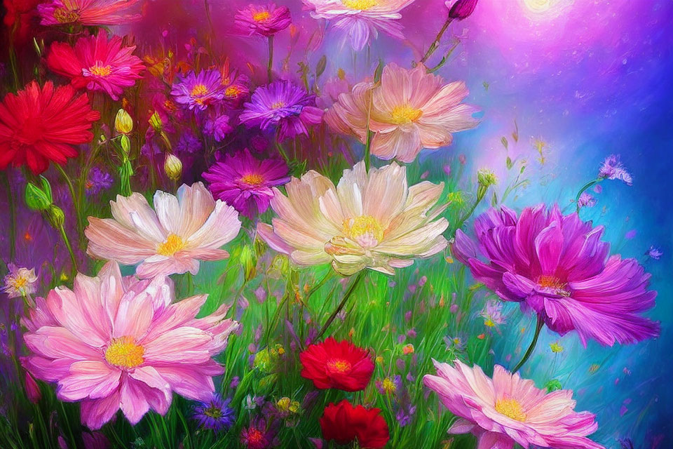 Colorful Flowers in Full Bloom Against Dreamy Background