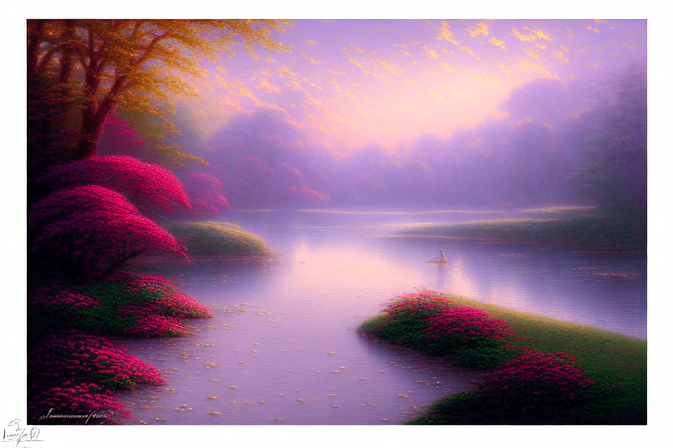 Tranquil river with pink shrubs and purple sky at dawn or dusk