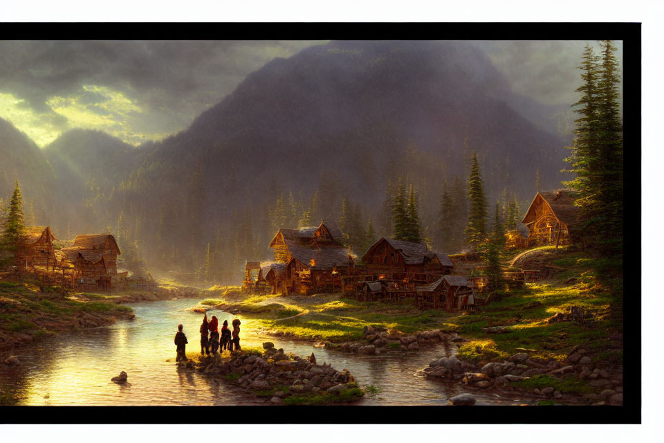 Scenic village by river at sunset with lush forests & misty mountains