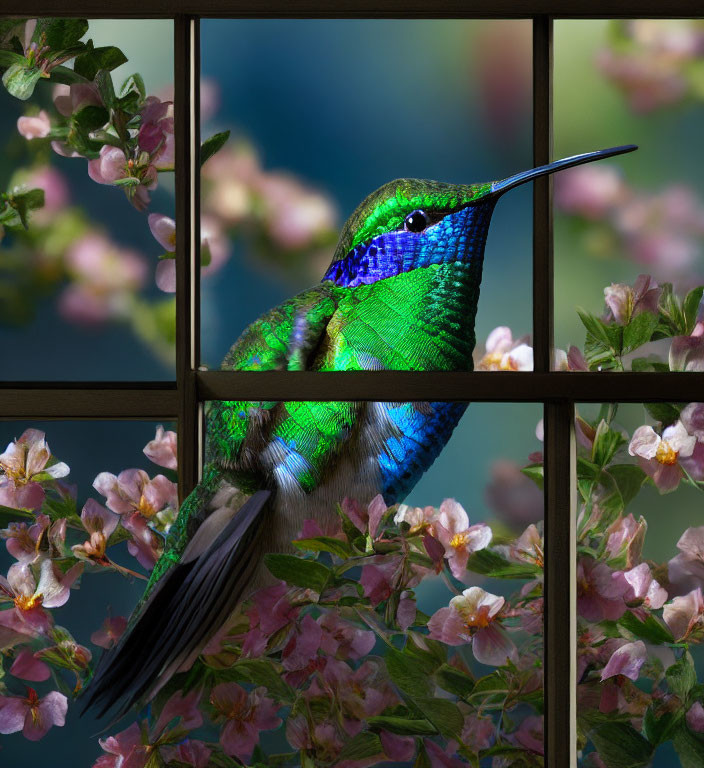 Colorful hummingbird with pink blossoms on window frame