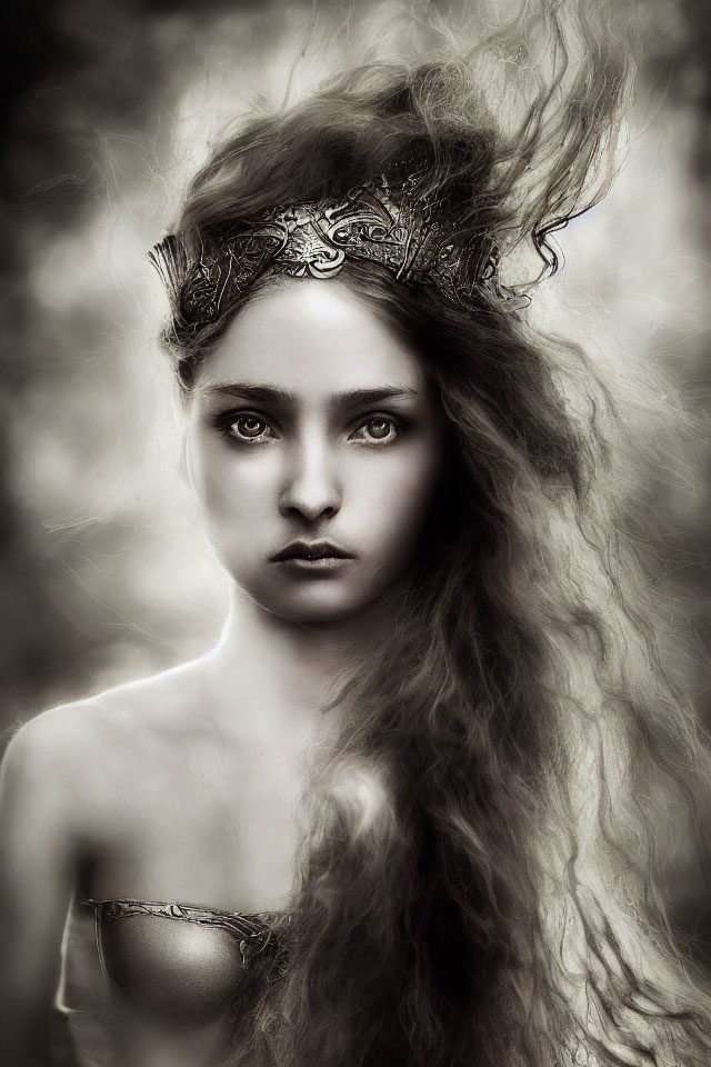 Sepia-Toned Portrait of Woman with Flowing Hair and Decorative Headpiece