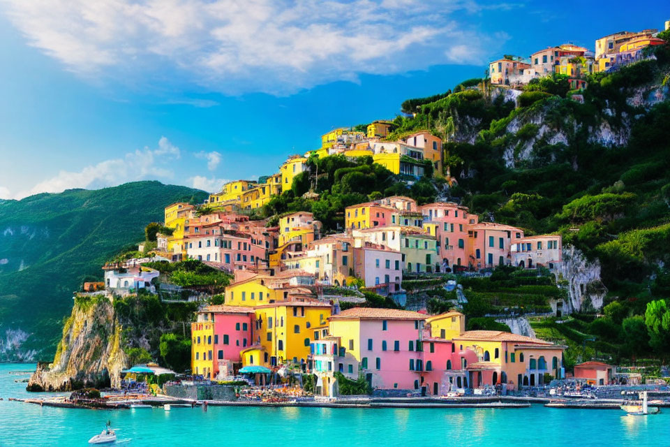 Vibrant hillside houses overlooking blue sea and boats under sunny sky