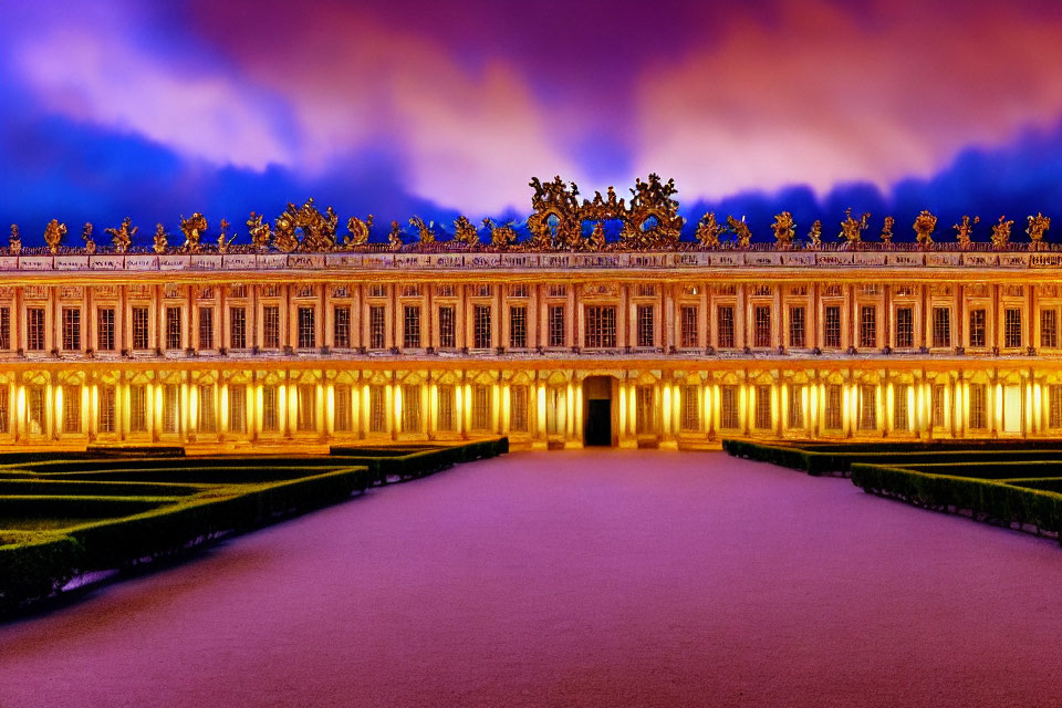 Ornate Building Facade with Statues and Garden Hedges at Dusk