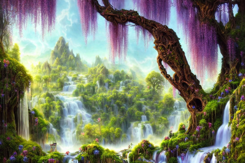 Fantasy landscape with waterfalls, greenery, wisteria, and whimsical tree