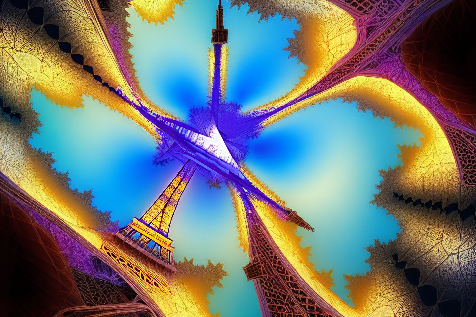 Fractal Eiffel Tower in Blue and Gold: Surreal Kaleidoscopic Art