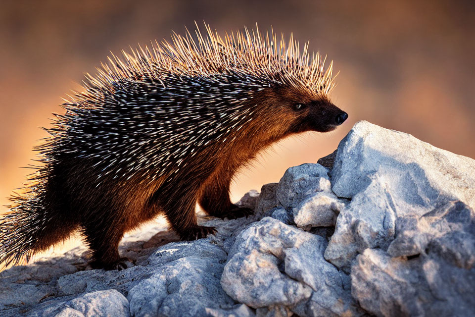 Porcupine with sharp spines navigating rocky terrain at golden hour