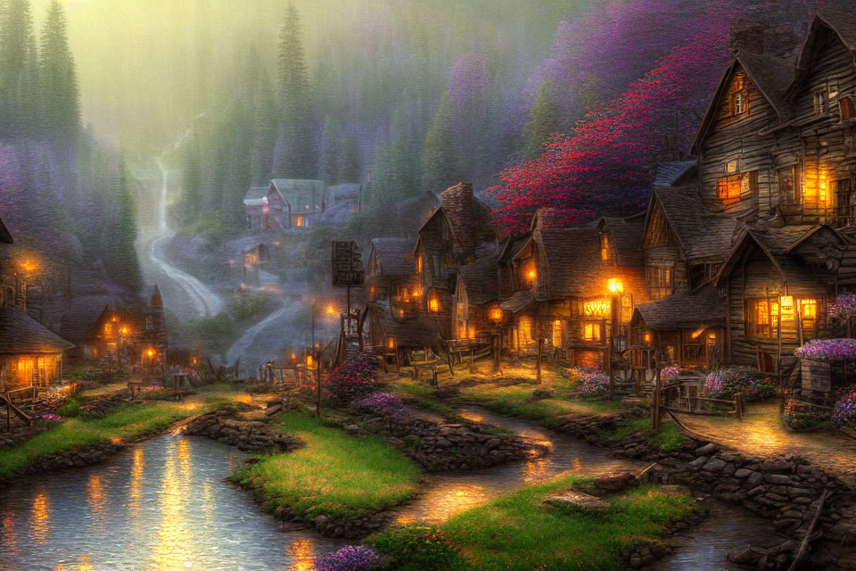 Scenic village with lit cottages by river at dusk