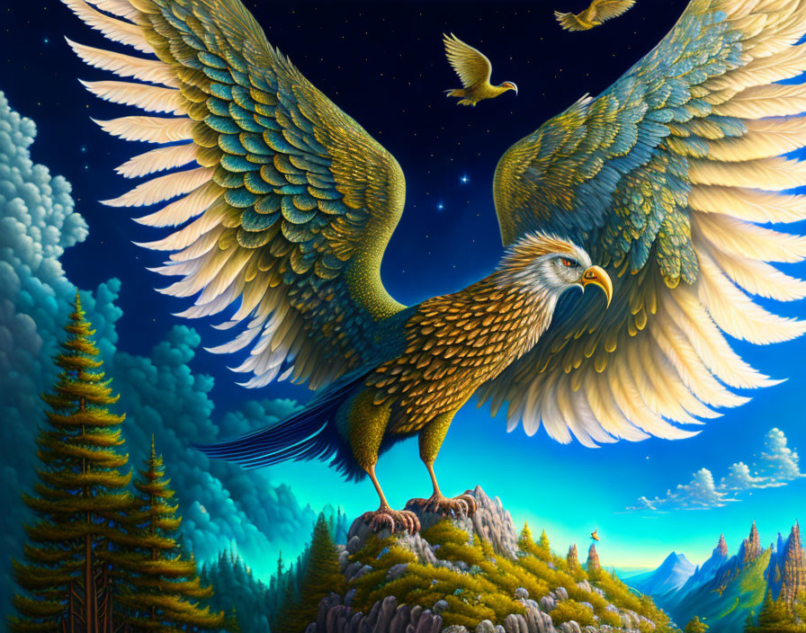 Majestic eagle soaring over twilight landscape