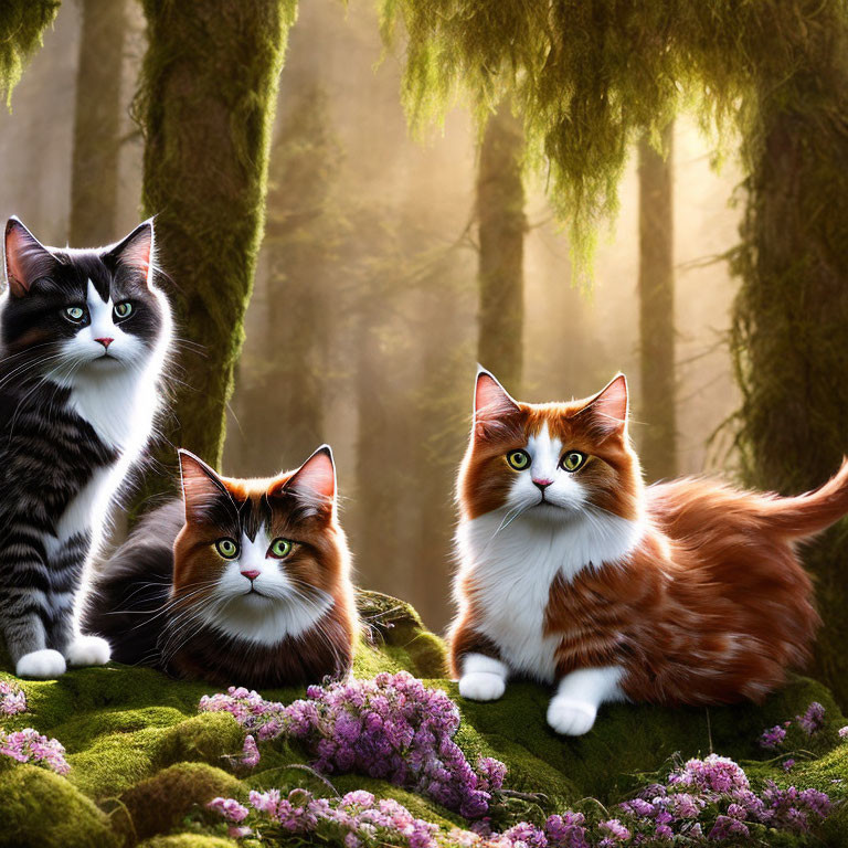 Three cats with unique fur patterns in mystical forest setting