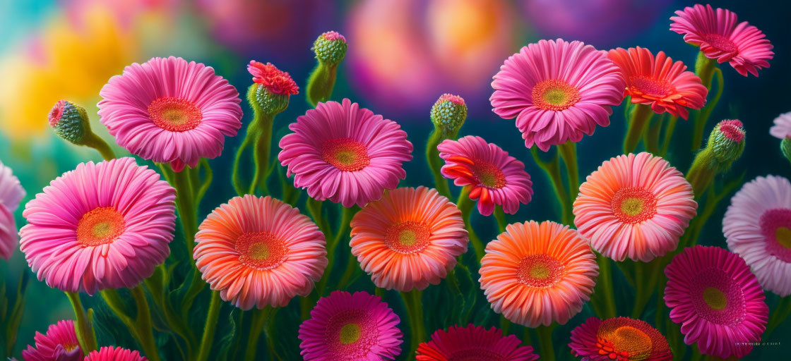 Colorful gerbera flowers in shades of pink and orange against a soft-focus garden backdrop