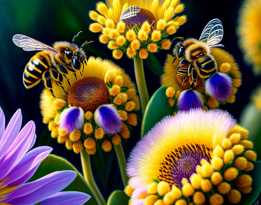 Colorful Bees Artwork on Yellow and Purple Flowers with Detailed Wings and Petals