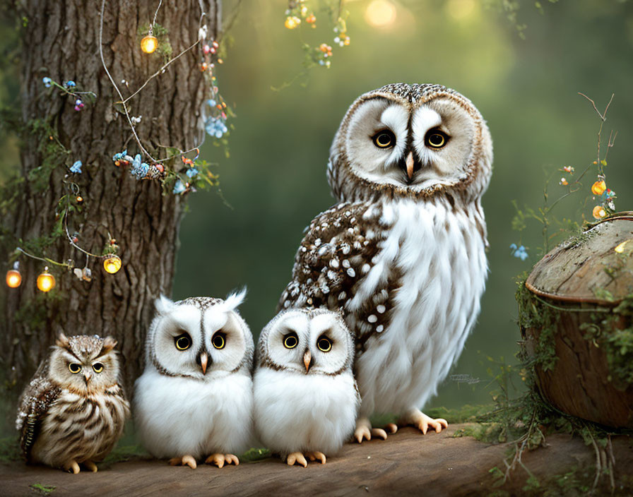 Three Owls on Tree Stump with String Lights and Flowers