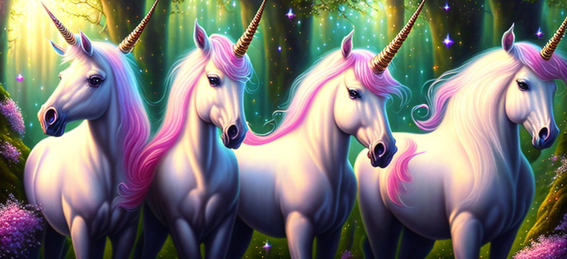 Four majestic unicorns with purple and pink manes in mystical forest.