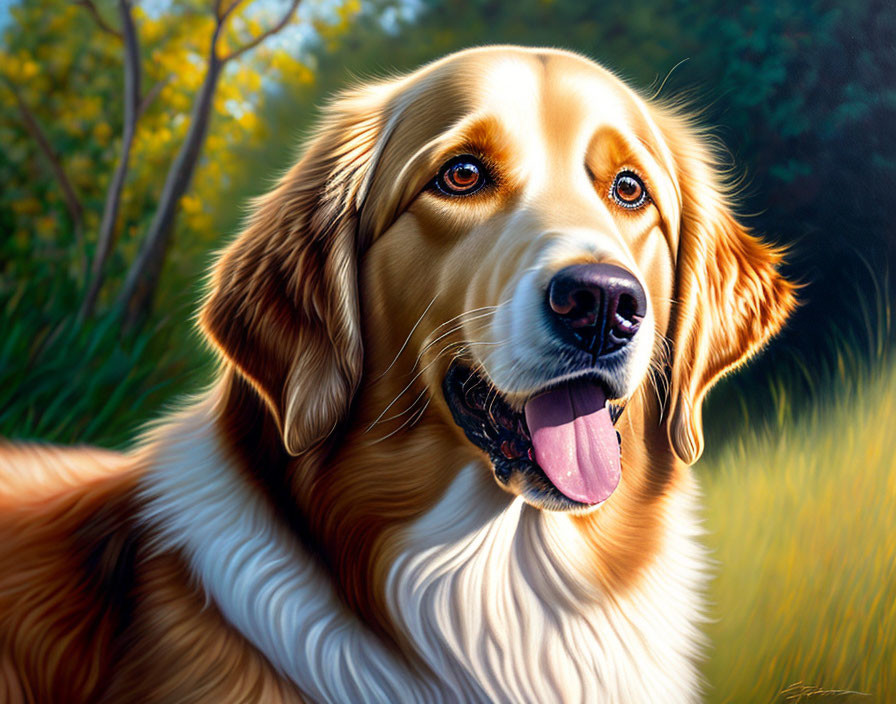 Smiling Golden Retriever in Sunny Field with Trees and Flowers