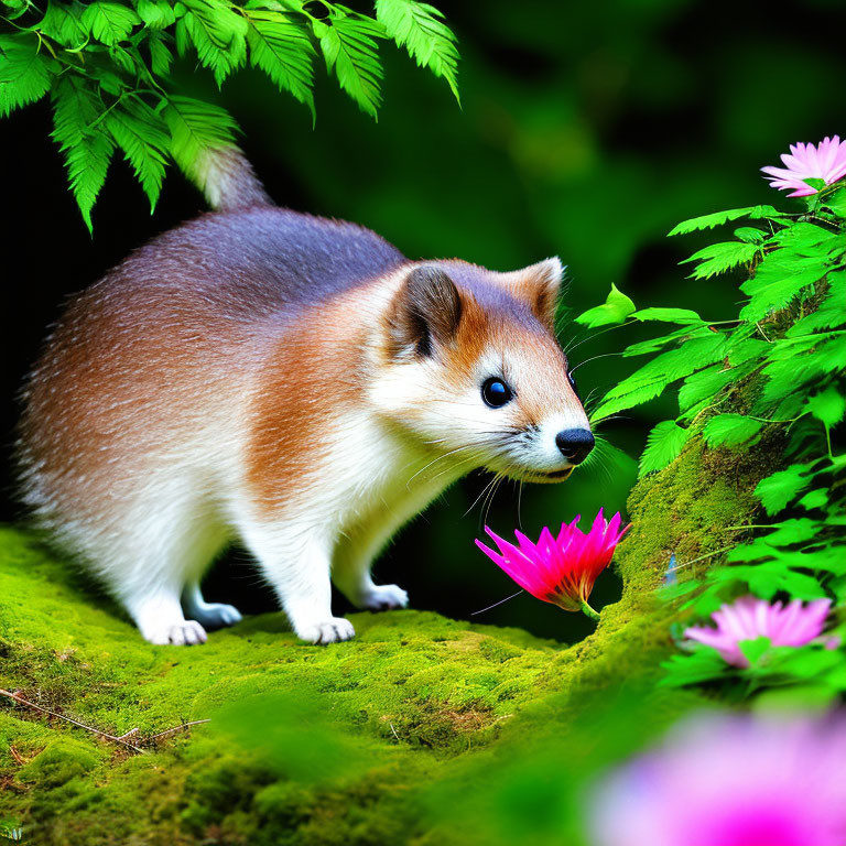 Brown and White Weasel-Like Animal in Vibrant Natural Setting