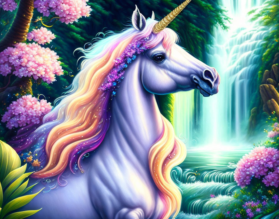 Vibrant unicorn illustration with golden horn in fantastical setting