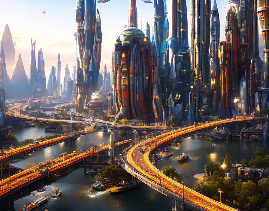 Cityscape with towering skyscrapers, flying vehicles, and busy waterways under interconnected bridges.