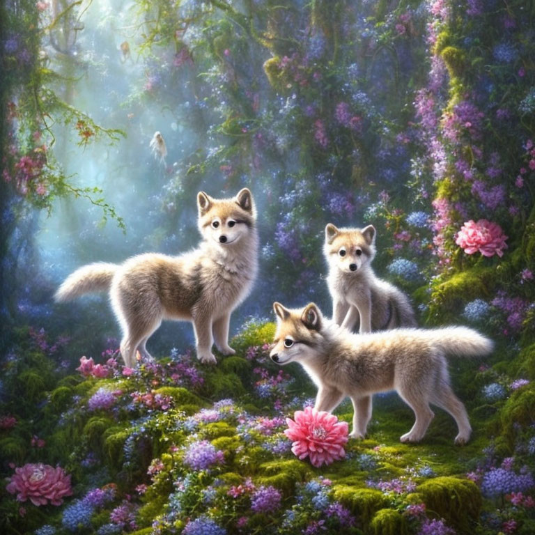 Mystical forest scene with three wolves and vibrant flowers