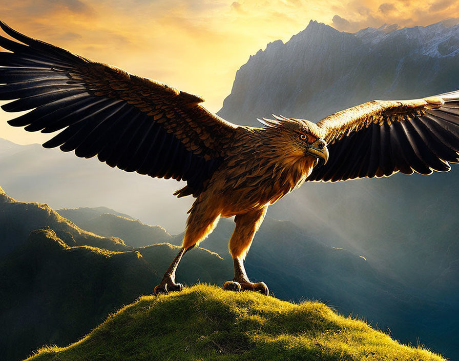 Majestic eagle with outstretched wings on mountain top at sunset