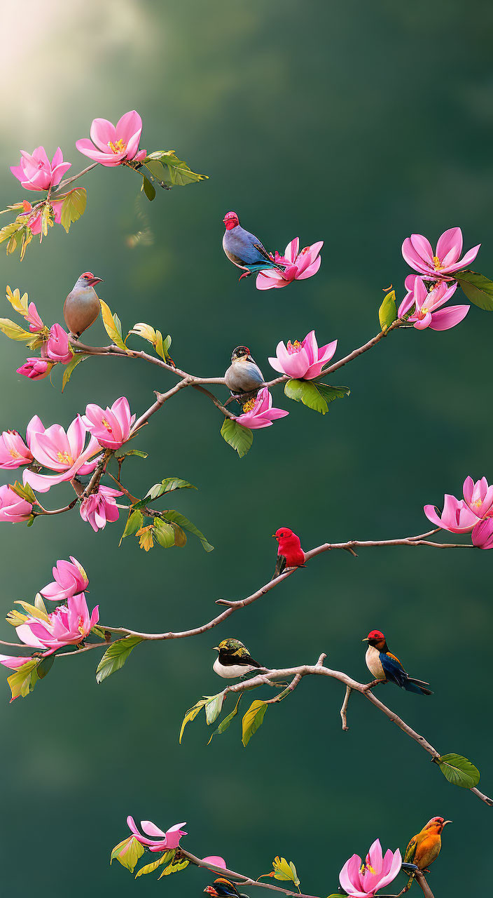 Vibrant birds on magnolia flower branches in green setting