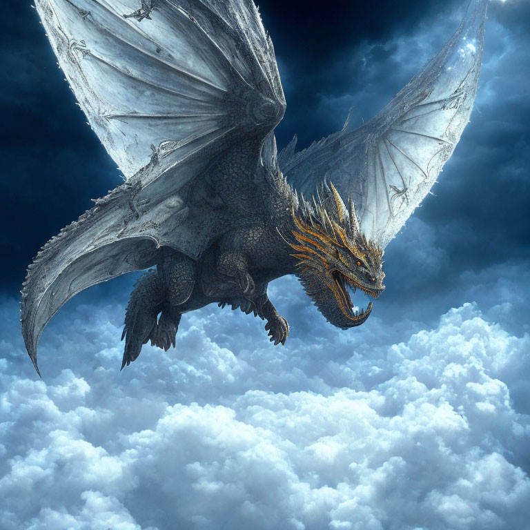 Majestic dragon flying in cloudy sky with spread wings