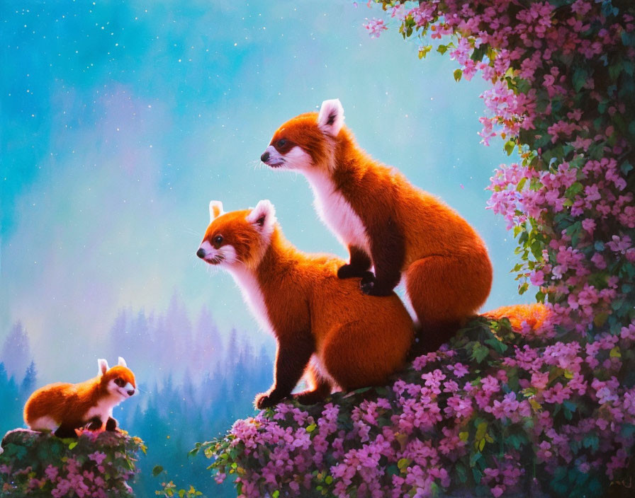 Red pandas in vibrant foliage under starry sky with pink flowers.