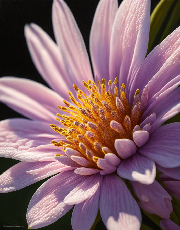 Pink flower with dew drops and yellow stamen on dark background