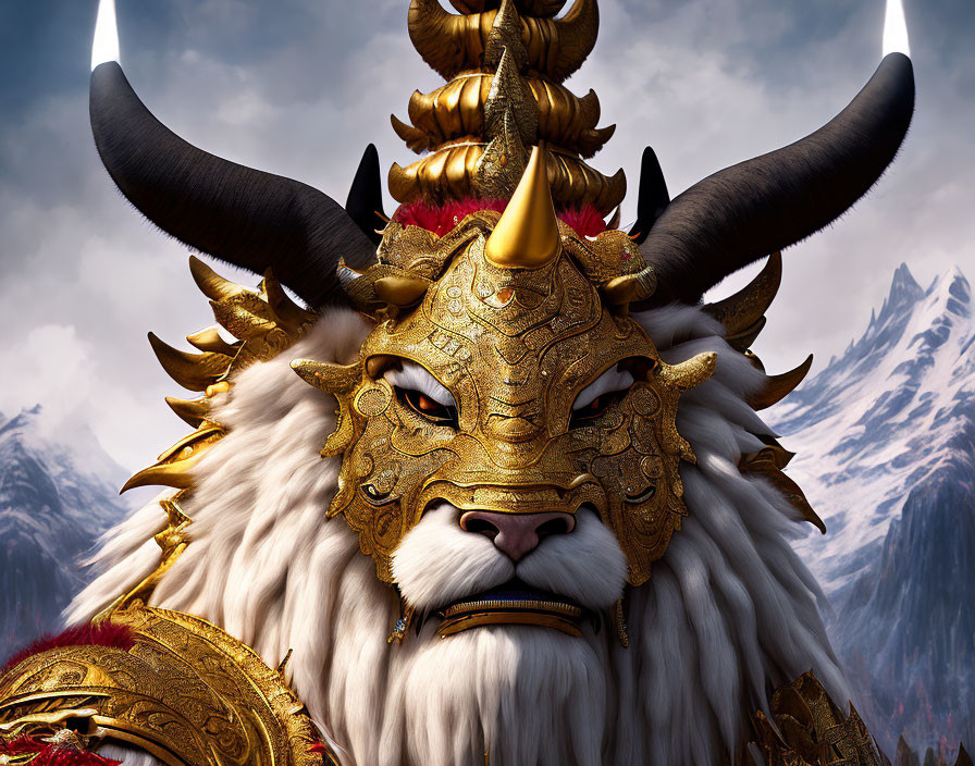 Golden ornate horned beast mask on majestic creature in mountainous backdrop