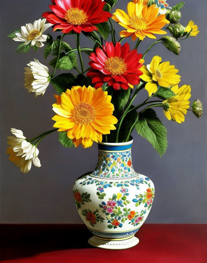 Colorful daisy bouquet in floral vase on dual-tone backdrop