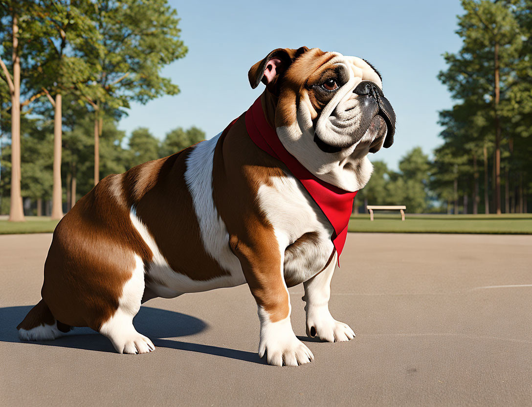 Brown and White Bulldog with Red Bandana on Pavement with Trees and Blue Sky