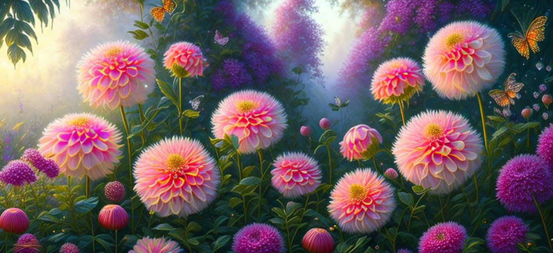 Colorful Garden with Pink and Purple Dahlias, Butterflies, and Misty Background