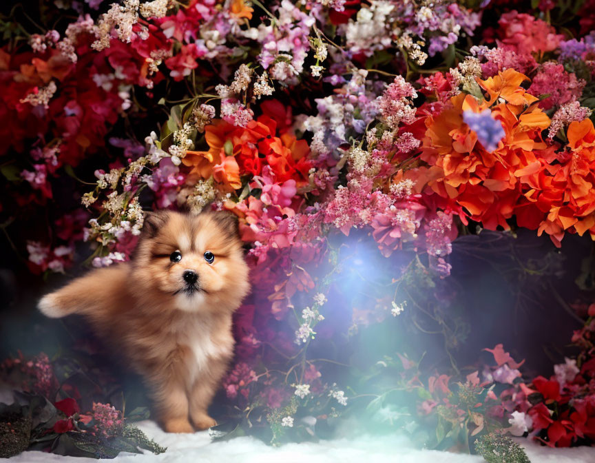 Fluffy Pomeranian Puppy in Colorful Flower Field with Mystical Fog