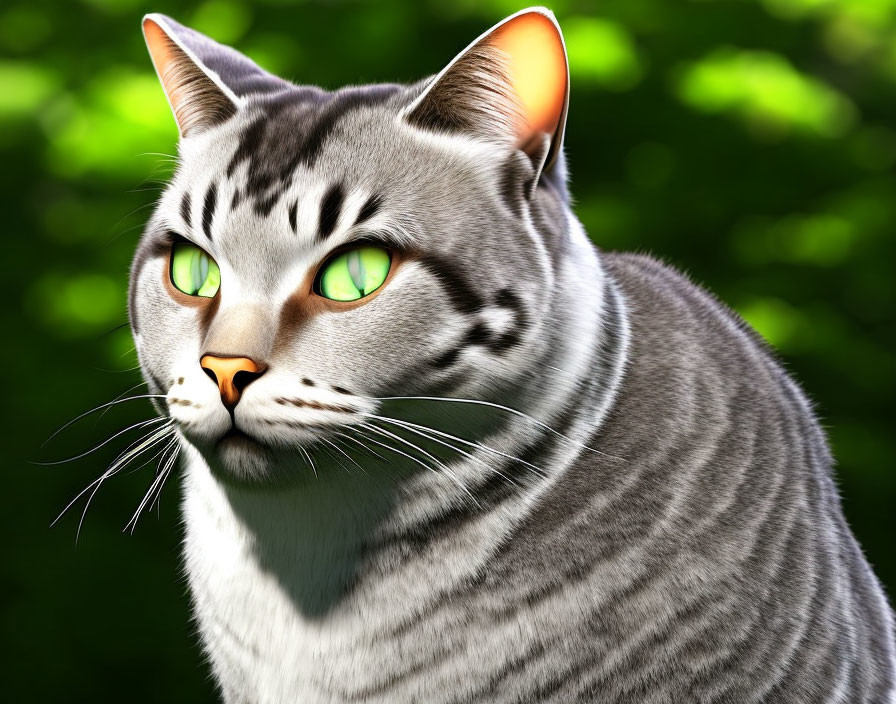 Silver Tabby Cat with Green Eyes and Distinctive Markings on Green Background